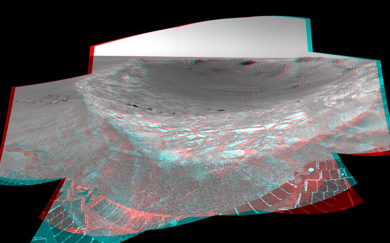 This stereo anaglyph from NASA Mars Exploration Rover Spirit looks toward the northeast across Endurance Crater in Mars Meridiani Planum region. 3D glasses are necessary to view this image.