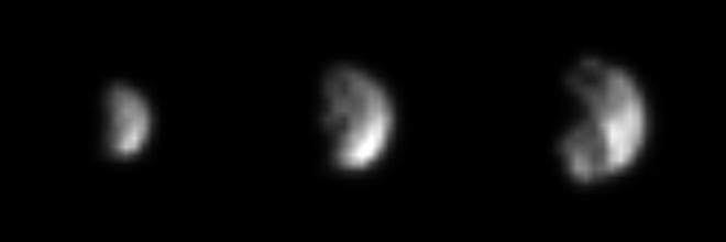 The Cassini spacecraft is closing in fast on its first target of observation in the Saturn system: the small, mysterious moon Phoebe, only 220 kilometers (137 miles) across.  The three images shown here, the latest of which is twice as good as any image returned by the Voyager 2 spacecraft in 1981, were captured in the past week on approach to this outer moon of Saturn. Phoebe's surface is already showing a great deal of contrast, most likely indicative of topography, such as tall sunlit peaks and deep shadowy craters, as well as genuine variation in the reflectivity of its surface materials. Left to right, the three views were captured at a phase (Sun-Saturn-spacecraft) angle of 87 degrees between June 4 and June 7, from distances ranging from 4.1 million kilometers (2.6 million miles) to 2.5 million kilometers (1.5 million miles). The image scale ranges from 25 to 15 kilometers per pixel.  Phoebe rotates once every nine hours and 16 minutes; each of these images shows a different region on Phoebe. Phoebe was the discovered in 1898. It has a very dark surface.  Cassini's powerful cameras will provide the best-ever look at this moon on Friday, June 11, when the spacecraft will streak past Phoebe at a distance of only about 2,000 kilometers (1,240 miles) from the moon's surface. The current images, and the presence of large craters, promise a heavily cratered surface which will come into sharp view over the next few days when image scales should get as small as a few tens of meters.  Phoebe orbits Saturn in a direction opposite to that of the larger interior Saturnian moons. Because of its small size and retrograde orbit Phoebe is believed to be a body from the distant outer solar system, perhaps one of the building blocks of the outer planets that were captured into orbit around Saturn. If true, the little moon will provide information about these primitive pieces of material.  http://photojournal.jpl.nasa.gov/catalog/PIA06062