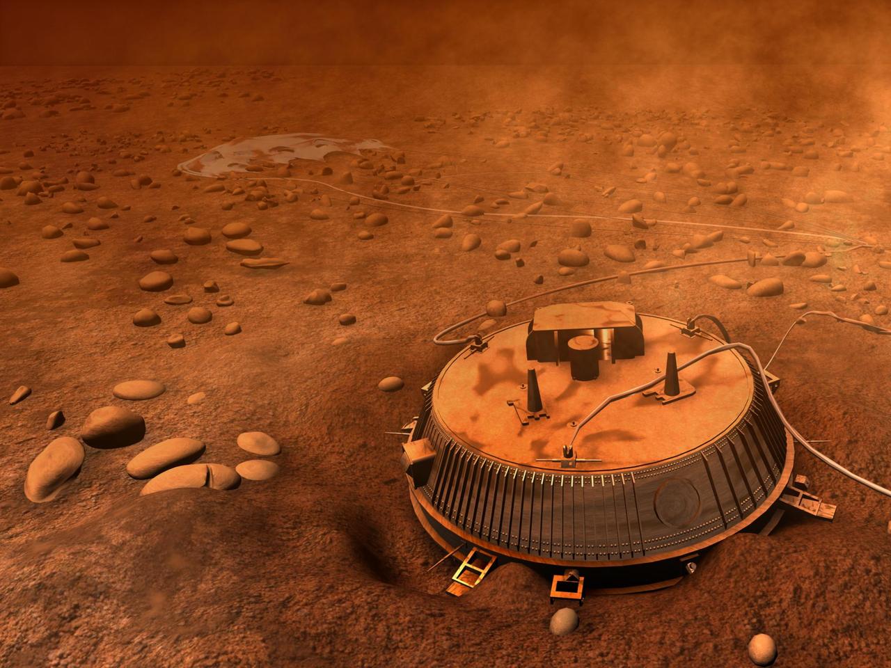 This is an artist interpretation of the area surrounding Huygens landing site, based on images and data returned Jan. 14, 2005. The Cassini-Huygens mission is a cooperative project of NASA, the European Space Agency and the Italian Space Agency.