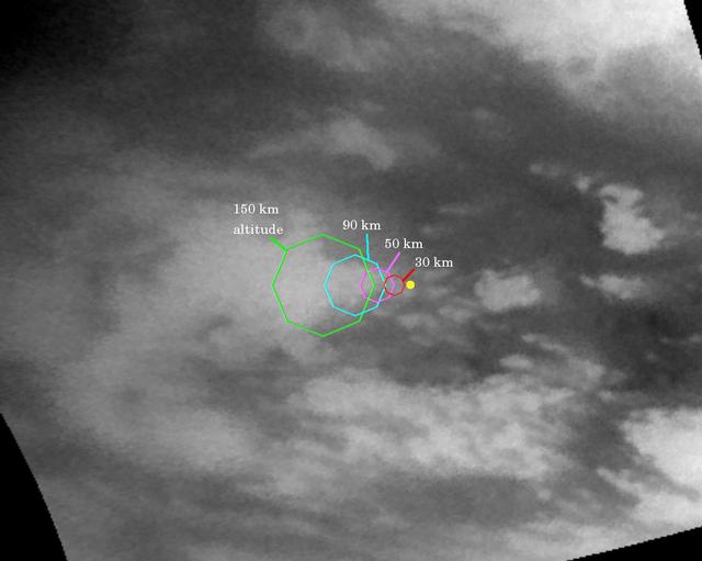 This map illustrates the planned imaging coverage for the Descent Imager/Spectral Radiometer, onboard the European Space Agency's Huygens probe during the probe's descent toward Titan's surface on Jan. 14, 2005. The Descent Imager/Spectral Radiometer is one of two NASA instruments on the probe. The colored lines delineate regions that will be imaged at different resolutions as the probe descends. On each map, the site where Huygens is predicted to land is marked with a yellow dot. This area is in a boundary between dark and bright regions. This map was made from the images taken by the Cassini spacecraft cameras on Oct. 26, 2004, at image scales of 4 to 6 kilometers (2.5 to 3.7 miles) per pixel. The images were obtained using a narrow band filter centered at 938 nanometers -- a near-infrared wavelength (invisible to the human eye) at which light can penetrate Titan's atmosphere to reach the surface and return through the atmosphere to be detected by the camera. The images have been processed to enhance surface details. Only brightness variations on Titan's surface are seen; the illumination is such that there is no shading due to topographic variations. For about two hours, the probe will fall by parachute from an altitude of 160 kilometers (99 miles) to Titan's surface. During the descent the camera on the probe and five other science instruments will send data about the moon's atmosphere and surface back to the Cassini spacecraft for relay to Earth. The Descent Imager/Spectral Radiometer will take pictures as the probe slowly spins, and some these will be made into panoramic views of Titan's surface. This map shows the planned coverage by the medium- and high-resolution. PIA06173 shows expected coverage by the Descent Imager/Spectral Radiometer side-looking imager and two downward-looking imagers - one providing medium-resolution and the other high-resolution coverage. http://photojournal.jpl.nasa.gov/catalog/PIA06173