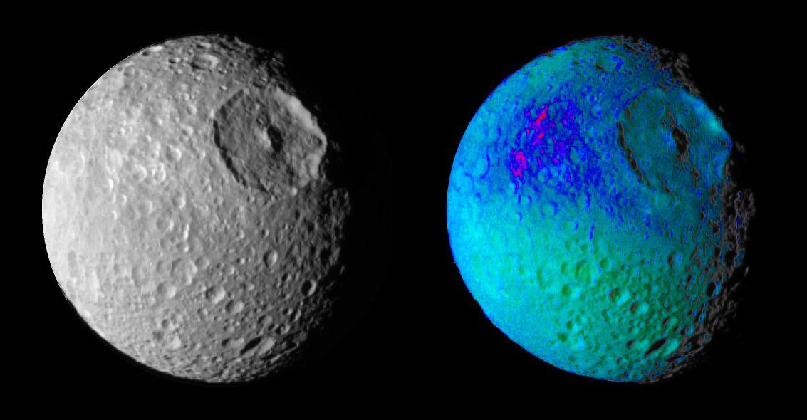 False color images of Saturn moon, Mimas, reveal variation in either the composition or texture across its surface.