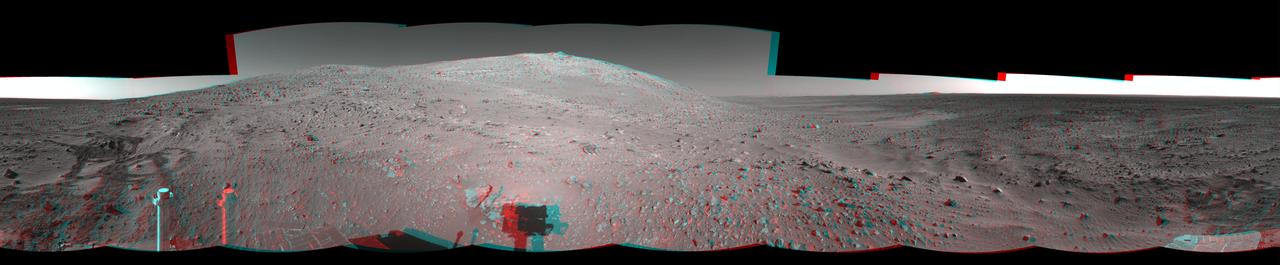 NASA Mars Exploration Rover took the images that make up this 360-degree mosaic anaglyph highlighting Spirit arrival at the base of the Columbia Hills. 3D glasses are necessary to view this image.