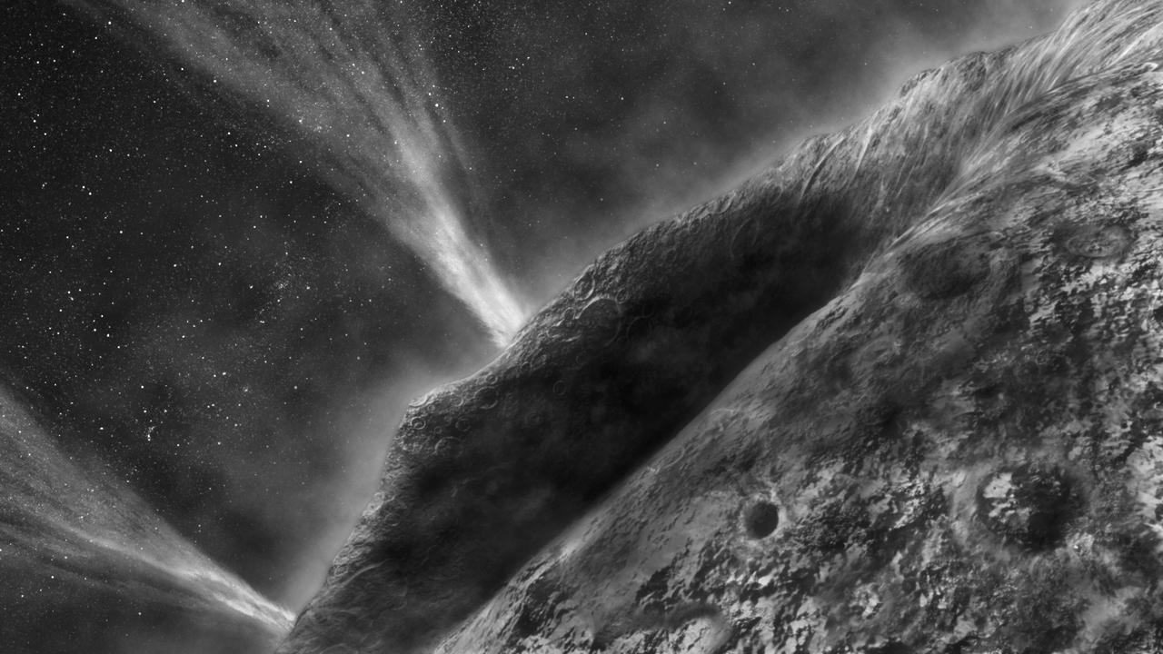 This is an artist's concept depicting a view of comet Wild 2 as seen from NASA's Stardust spacecraft during its flyby of the comet on Jan. 2, 2004.  http://photojournal.jpl.nasa.gov/catalog/PIA06283