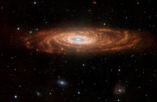 NASA's Spitzer Space Telescope has captured these infrared images of a nearby spiral galaxy that resembles our own Milky Way. The targeted galaxy, known as NGC 7331 and sometimes referred to as our galaxy's twin, is found in the constellation Pegasus at a distance of 50 million light-years. This inclined galaxy was discovered in 1784 by William Herschel, who also discovered infrared light. The evolution of this galaxy is a story that depends significantly on the amount and distribution of gas and dust, the locations and rates of star formation, and on how the energy from star formation is recycled by the local environment. The new Spitzer images are allowing astronomers to "read" this story by dissecting the galaxy into its separate components. The image, measuring 12.6 by 8.2 arcminutes, was obtained by Spitzer's infrared array camera. It is a four-color composite of invisible light, showing emissions from wavelengths of 3.6 microns (blue), 4.5 microns (green), 5.8 microns (yellow) and 8.0 microns (red). These wavelengths are roughly 10 times longer than those seen by the human eye. The infrared light seen in this image originates from two very different sources. At shorter wavelengths (3.6 to 4.5 microns), the light comes mainly from stars, particularly ones that are older and cooler than our Sun. This starlight fades at longer wavelengths (5.8 to 8.0 microns), where instead we see the glow from clouds of interstellar dust. This dust consists mainly of a variety of carbon-based organic molecules known collectively as polycyclic aromatic hydrocarbons. Wherever these compounds are found, there will also be dust granules and gas, which provide a reservoir of raw materials for future star formation. One feature that stands out in the Spitzer image is the ring of actively forming stars that surrounds the galaxy center (yellow). This ring, with a radius of nearly 20,000 light-years, is invisible at shorter wavelengths, yet has been detected at sub-millimeter and radio wavelengths. It is made up in large part of polycyclic aromatic hydrocarbons. Spitzer measurements suggest that the ring contains enough gas to produce four billion stars like the Sun. Three other galaxies are seen below NGC 7331, all about 10 times farther away. From left to right are NGC 7336, NGC 7335 and NGC 7337. The blue dots scattered throughout the images are foreground stars in the Milky Way; the red ones are galaxies that are even more distant. The Spitzer observations of NGC 7331 are part of a large 500-hour science project, known as the Spitzer Infrared Nearby Galaxy Survey, which will comprehensively study 75 nearby galaxies with infrared imaging and spectroscopy. http://photojournal.jpl.nasa.gov/catalog/PIA06322