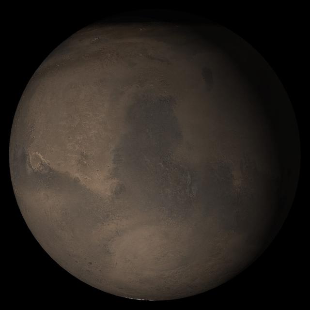 This picture, released 21 September 2005, is a composite of Mars Global Surveyor (MGS) Mars Orbiter Camera (MOC) daily global images acquired at Ls 288° during a previous Mars year. This month, Mars looks similar, as Ls 288° occurred in mid-September 2005. The picture shows the Syrtis Major face of Mars. Over the course of the month, additional faces of Mars as it appears at this time of year are being posted for MOC Picture of the Day. Ls, solar longitude, are a measure of the time of year on Mars. Mars travels 360° around the Sun in 1 Mars year. The year begins at Ls 0°, the start of northern spring and southern autumn.