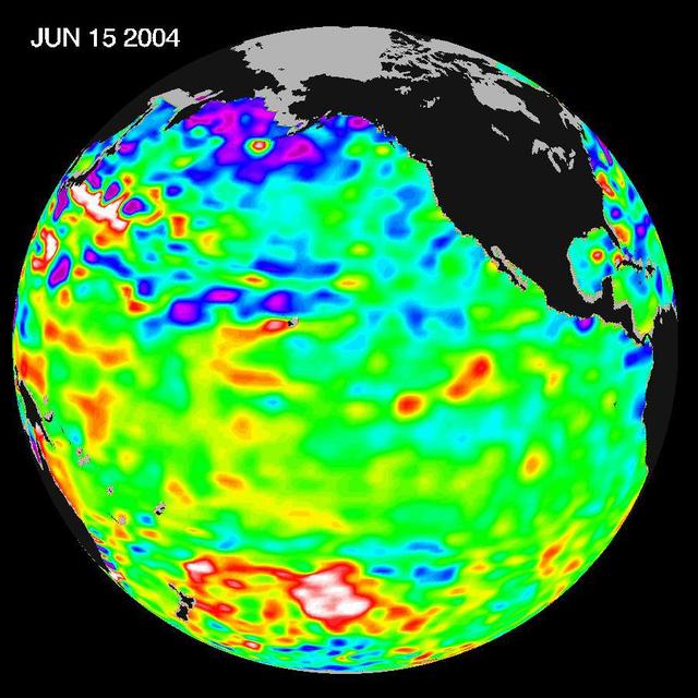 Recent sea level height data from NASA U.S./France Jason altimetric satellite during a 10-day cycle ending June 15, 2004.