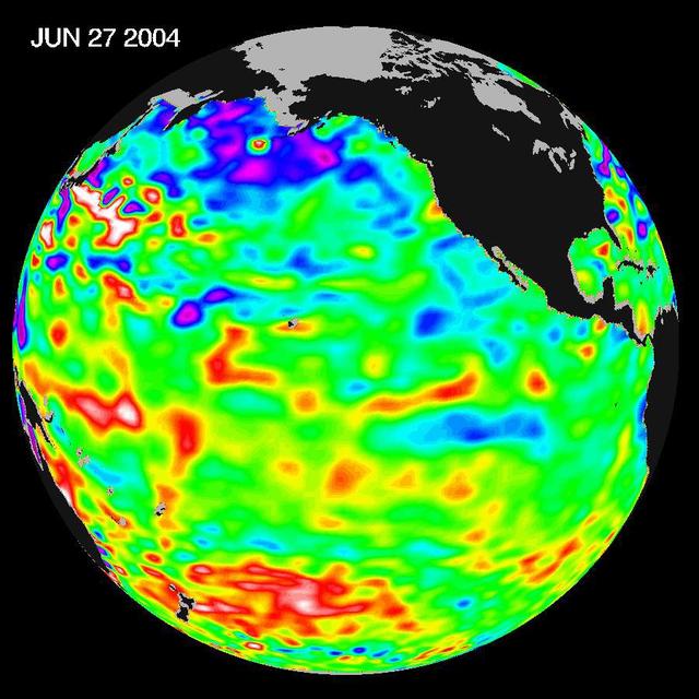 Recent sea level height data from NASA U.S./France Jason altimetric satellite during a 10-day cycle ending June 27, 2004.