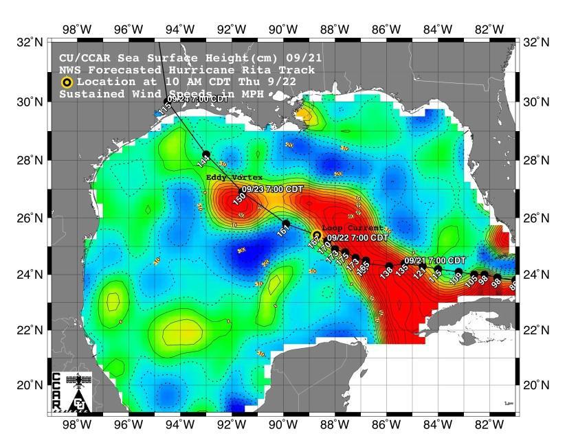 This sea surface height map of the Gulf of Mexico, with the Florida peninsula on the right and the Texas-Mexico Gulf Coast on the left, is based on altimeter data from four satellites including NASA’s Topex/Poseidon and Jason. Red indicates a strong circulation of much warmer waters, which can feed energy to a hurricane. This area stands 35 to 60 centimeters (about 13 to 23 inches) higher than the surrounding waters of the Gulf. The actual track of a hurricane is primarily dependent upon steering winds, which are forecasted through the use of atmospheric models. However, the interaction of the hurricane with the upper ocean is the primary source of energy for the storm. Hurricane intensity is therefore greatly affected by the upper ocean temperature structure and can exhibit explosive growth over warm ocean currents and eddies. Eddies are currents of water that run contrary to the direction of the main current. According to the forecasted track through the Gulf of Mexico, Hurricane Rita will continue crossing the warm waters of a Gulf of Mexico circulation feature called the Loop Current and then pass near a warm-water eddy called the Eddy Vortex, located in the north central Gulf, south of Louisiana. http://photojournal.jpl.nasa.gov/catalog/PIA06427