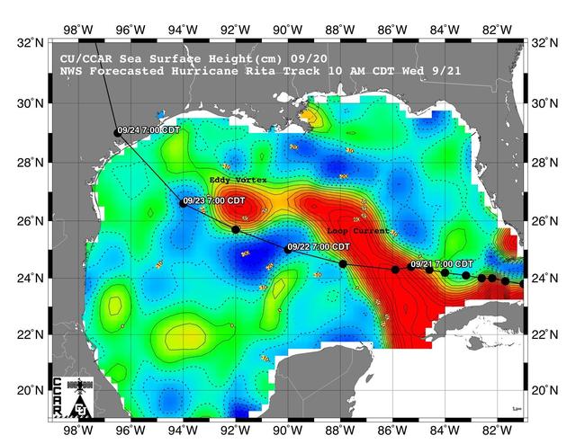 This sea surface height map of the Gulf of Mexico, with the Florida peninsula on the right and the Texas-Mexico Gulf Coast on the left, is based on altimeter data from four satellites including NASA’s Topex/Poseidon and Jason.