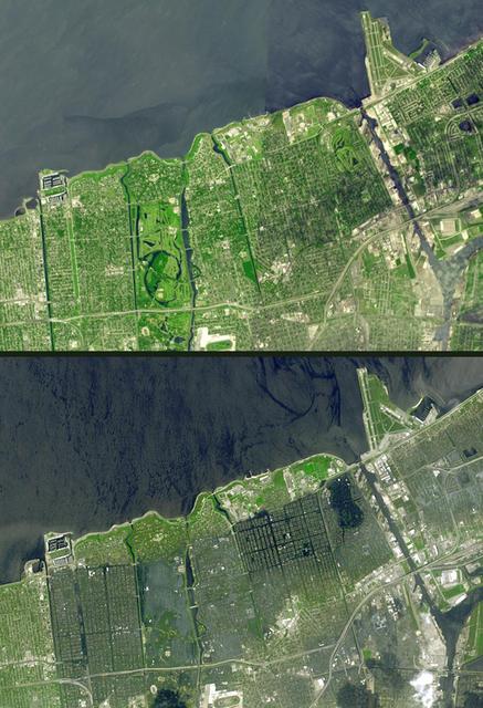 Seventeen days after Hurricane Katrina flooded New Orleans, much of the city was still under water. In this pair of images from NASA Terra satellite, the affected areas can clearly be seen.