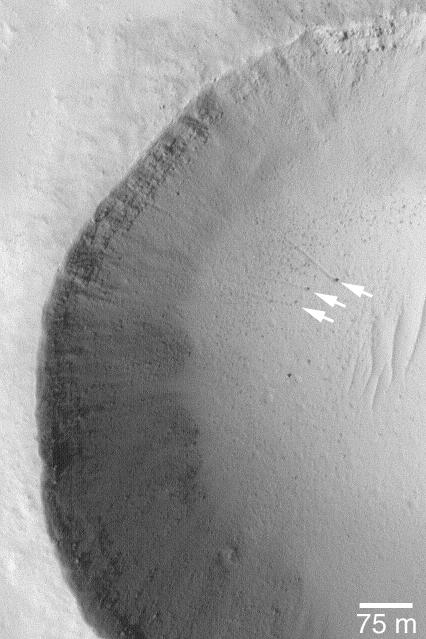 15 July 2004 The arrows in this Mars Global Surveyor (MGS) Mars Orbiter Camera (MOC) picture point to three boulders that left trails behind them as they rolled down the lower parts of a meteor crater's wall. In two cases, the tracks can be resolved into a series of small depressions, indicating the variable shape of the boulder as it unevenly proceeded down the slope. These features are located near 18.4°N, 120.1°W. The 75 meter scale bar is about 246 feet long. Sunlight illuminates the scene from the lower left.  http://photojournal.jpl.nasa.gov/catalog/PIA06450