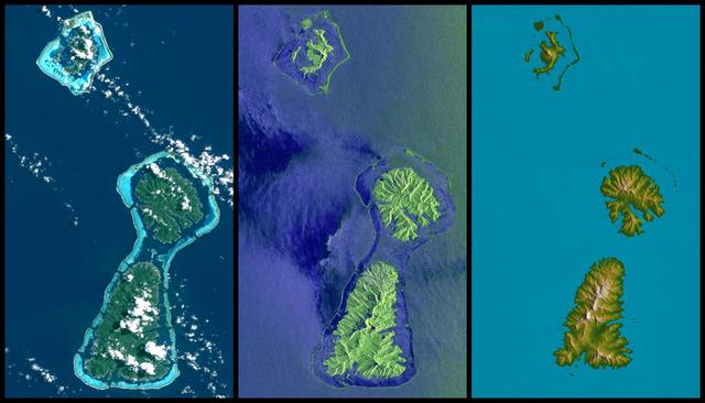 NASA image: Bora Bora, Tahaa, and Raiatea, French Polynesia, Landsat and SIR-C Images   Compared to SRTM Shaded Relief and Colored Height