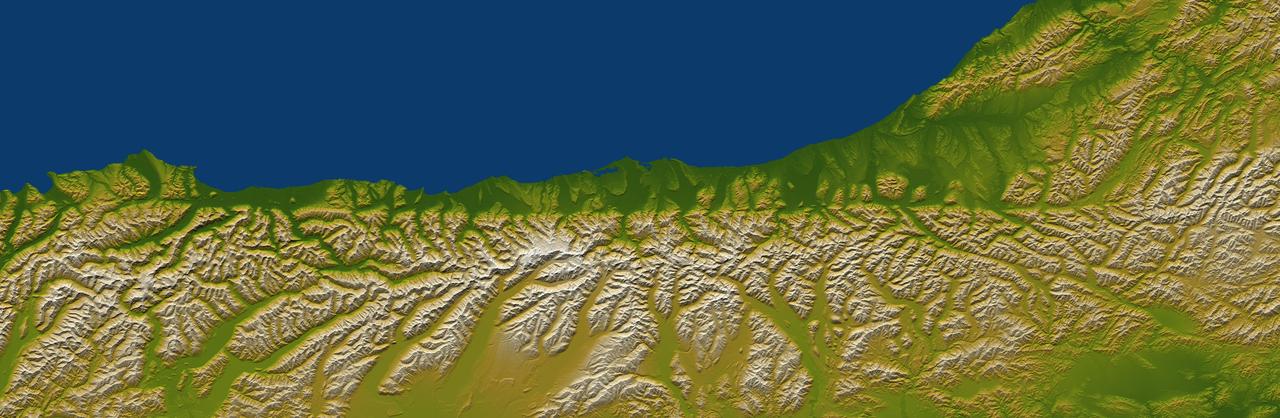 The Alpine fault runs parallel to, and just inland of, much of the west coast of New Zealand South Island. This view was created from the near-global digital elevation model produced by NASA Shuttle Radar Topography Mission SRTM.