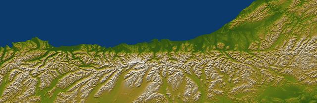 NASA image: Alpine Fault, New Zealand, SRTM Shaded Relief and Colored Height