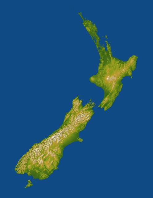 NASA image: New Zealand, SRTM Shaded Relief and Colored Height