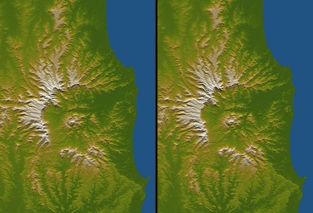 NASA image: Tweed Extinct Volcano, Australia, Stereo Pair of SRTM Shaded Relief and   Colored Height
