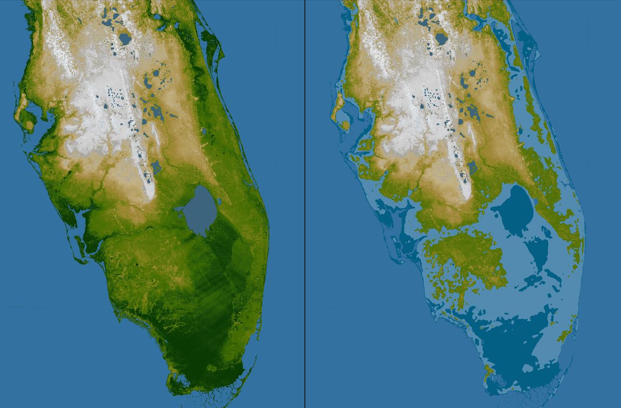 The very low topography of southern Florida is evident in this color-coded shaded relief map generated with data from NASA Shuttle Radar Topography Mission.
