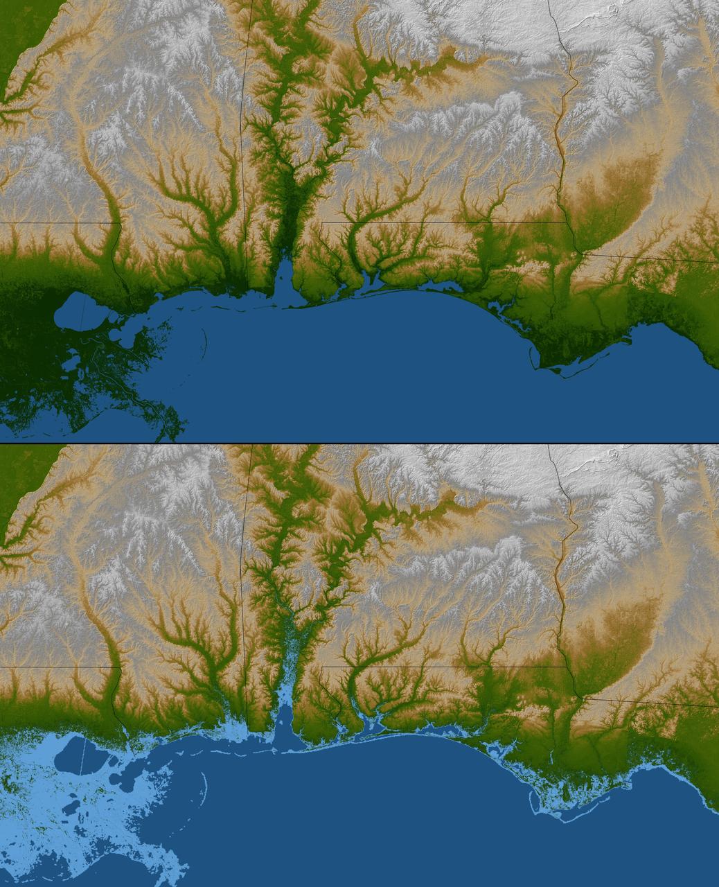 The topography of the Gulf Coast states is well shown in this color-coded shaded relief map generated with data from NASA Shuttle Radar Topography Mission.