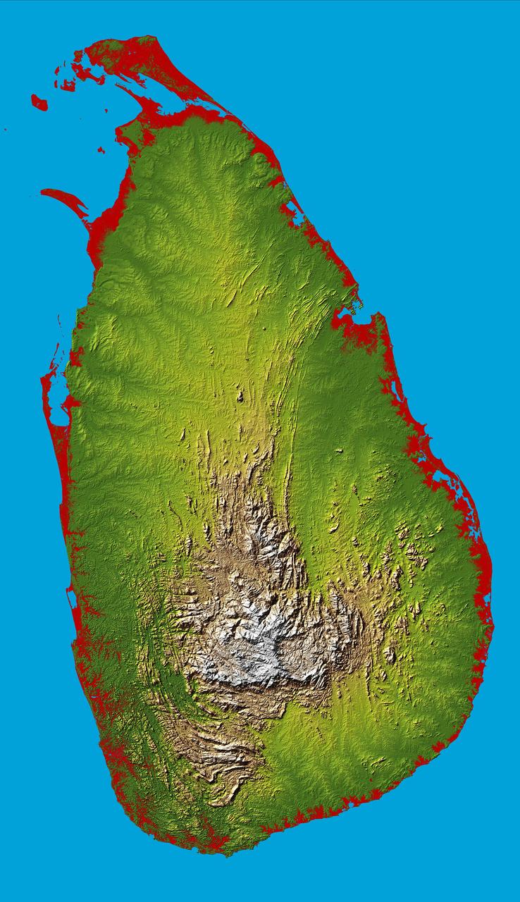 The topography of the island nation of Sri Lanka is well shown in this color-coded shaded relief map generated with digital elevation data from NASA Shuttle Radar Topography Mission SRTM.