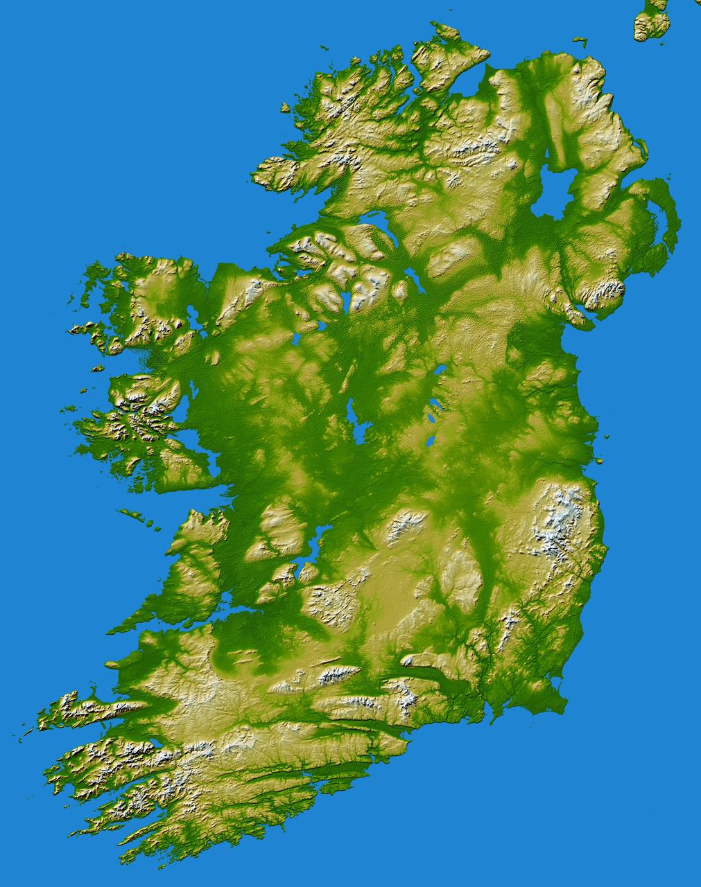The island of Ireland comprises a large central lowland of limestone with a relief of hills surrounded by a discontinuous border of coastal mountains which vary greatly in geological structure.