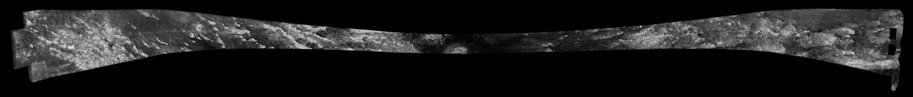 This image was obtained by NASA's Cassini radar instrument during a flyby on Aug. 25, 2009. The radar antenna was pointing toward Titan at an altitude of 970 kilometers 603 miles during the closest approach.  The image has been processed with a resolution of 128 pixels/deg.  https://photojournal.jpl.nasa.gov/catalog/PIA06677