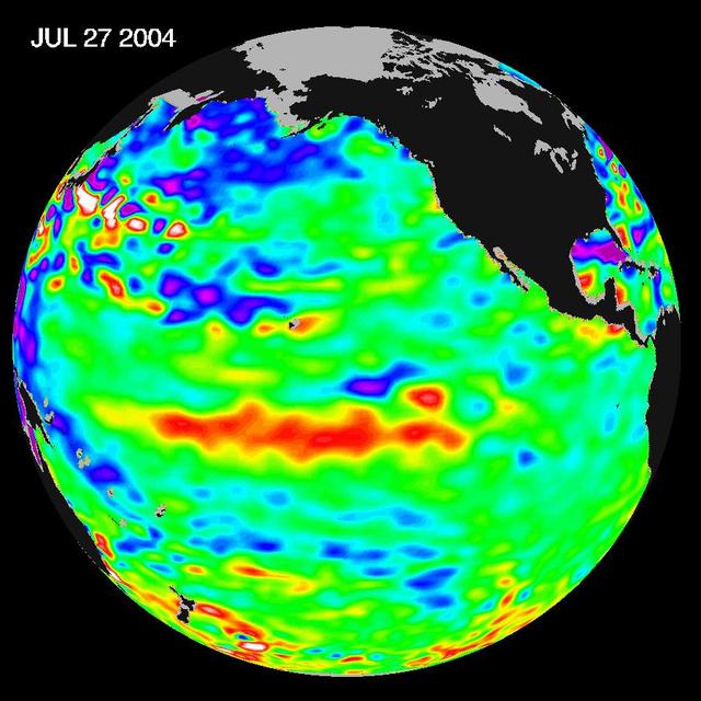 Sea-level height data from NASA U.S./France Jason altimetric satellite during a 10-day cycle ending July 27, 2004, show weaker than normal trade winds in the western and central equatorial Pacific have triggered an eastward moving, warm Kelvin wave.