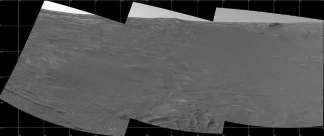 his view of the interior slope and rim of "Endurance Crater" comes from the navigation camera on NASA's Mars Exploration Rover Opportunity with an assist from the European Space Agency's Mars Express orbiter. Opportunity took the three frames that make up this image on the rover's 188th martian day (Aug. 4, 2004), before transmitting this and other data to Mars Express. The orbiter then relayed the data to Earth. Rover wheel tracks are visible in the foreground. http://photojournal.jpl.nasa.gov/catalog/PIA06758