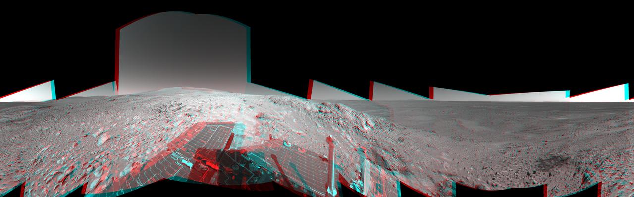 NASA Mars Exploration Rover Spirit has been making tracks on Mars for seven months now, well beyond its original 90-day mission, when it reached Columbia Hills. 3D glasses are necessary to view this image.