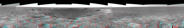 This 3D mosaic, created from images taken by NASA Mars Exploration Rover Opportunity on sols 115 and 116 May 21 and 22, 2004 provides a dramatic view of Endurance Crater. 3D glasses are necessary to view this image.
