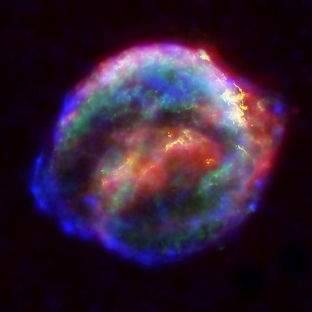 NASA's three Great Observatories -- the Hubble Space Telescope, the SpitzerSpace Telescope, and the Chandra X-ray Observatory -- joined forces to probe theexpanding remains of a supernova, called Kepler's supernova remnant, first seen 400 years ago by sky watchers, including astronomer Johannes Kepler.  The combined image unveils a bubble-shaped shroud of gas and dust that is 14light-years wide and is expanding at 4 million miles per hour (2,000 kilometersper second). Observations from each telescope highlight distinct features of thesupernova remnant, a fast-moving shell of iron-rich material from the explodedstar, surrounded by an expanding shock wave that is sweeping up interstellar gasand dust.  Each color in this image represents a different region of the electromagneticspectrum, from X-rays to infrared light. These diverse colors are shown in thepanel of photographs below the composite image. The X-ray and infrared datacannot be seen with the human eye. By color-coding those data and combining themwith Hubble's visible-light view, astronomers are presenting a more completepicture of the supernova remnant.  Visible-light images from the Hubble telescope (colored yellow) reveal where the supernova shock wave is slamming into the densest regions of surrounding gas.The bright glowing knots are dense clumps from instabilities that form behindthe shock wave. The Hubble data also show thin filaments of gas that look likerippled sheets seen edge-on. These filaments reveal where the shock wave isencountering lower-density, more uniform interstellar material.  The Spitzer telescope shows microscopic dust particles (colored red) that havebeen heated by the supernova shock wave. The dust re-radiates the shock wave'senergy as infrared light. The Spitzer data are brightest in the regionssurrounding those seen in detail by the Hubble telescope.  The Chandra X-ray data show regions of very hot gas, and extremely high-energyparticles. The hottest gas (higher-energy X-rays, colored blue) is locatedprimarily in the regions directly behind the shock front. These regions alsoshow up in the Hubble observations, and also align with the faint rim of glowingmaterial seen in the Spitzer data. The X-rays from the region on the lower left(colored blue) may be dominated by extremely high-energy electrons that wereproduced by the shock wave and are radiating at radio through X-ray wavelengthsas they spiral in the intensified magnetic field behind the shock front. CoolerX-ray gas (lower-energy X-rays, colored green) resides in a thick interior shelland marks the location of heated material expelled from the exploded star.  Kepler's supernova, the last such object seen to explode in our Milky Waygalaxy, resides about 13,000 light-years away in the constellation Ophiuchus.  The Chandra observations were taken in June 2000, the Hubble in August 2003;and the Spitzer in August 2004.  http://photojournal.jpl.nasa.gov/catalog/PIA06907