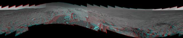 The highest point visible in this panoramic anaglyph from on NASA Mars Exploration Rover Spirit is Husband Hill, named for space shuttle Columbia Commander Rick Husband. 3D glasses are necessary to view this image.