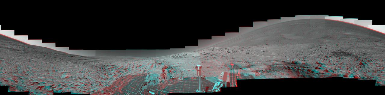 This mosaic of images from NASA Mars Exploration Rover Spirit shows a panoramic anaglyph of the Columbia Hills. 3D glasses are necessary to view this image.