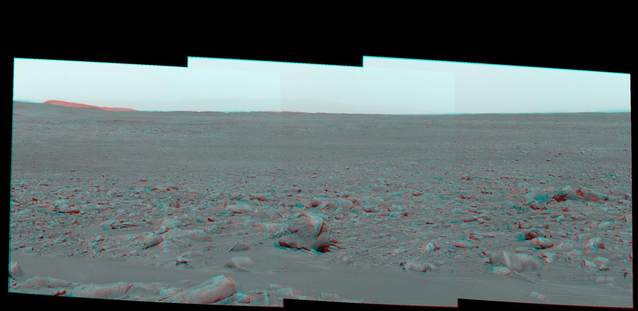 This stereo view is from NASA Mars Exploration Rover Spirit as it was investigating a rock called Mazatzal on the rim of Bonneville Crater. 3D glasses are necessary to view this image.