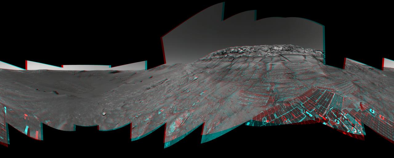 NASA Mars Exploration Rover Opportunity reached the base of Burns Cliff, a portion of the inner wall of Endurance Crater in this anaglyph from the rover 285th martian day Nov. 11, 2004. 3D glasses are necessary to view this image.
