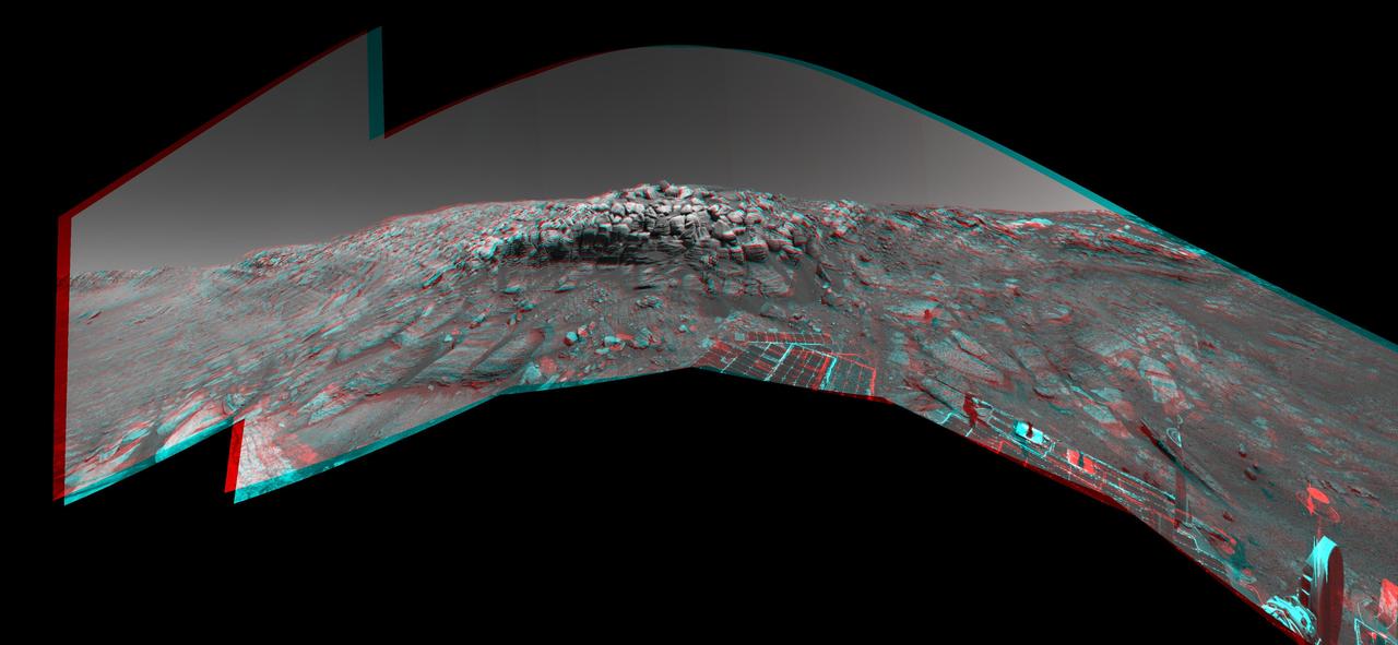 As NASA Mars Exploration Rover Opportunity was making its way back toward its original entry path into Endurance Crater, scientists and engineers spotted what they hoped might be a shortcut for climbing out of the crater. 3D glasses are necessary.