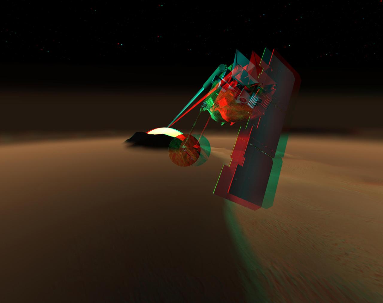 This artist rendition depicts a concept for a Mars orbiter that would scrutinize the martian atmosphere for chemical traces of life or environments supportive of life that might be present anywhere on the planet. 3D glasses are necessary.