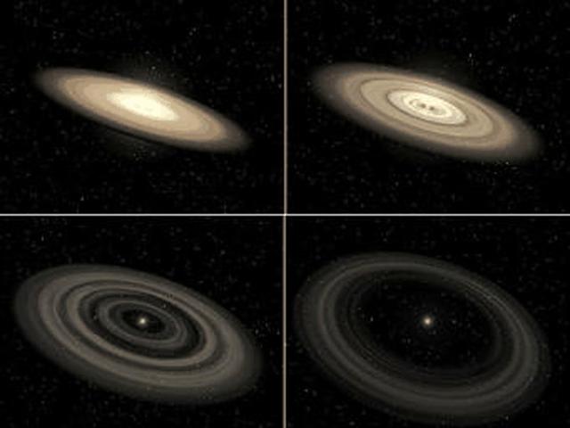 This frame from an animation shows the evolution of a planet-forming disk around a star. Initially, the young disk is bright and thick with dust, providing raw materials for building planets. In the first 10 million years or so, gaps appear within the disk as newborn planets coalesce out of the dust, clearing out a path.  In time, this planetary "debris disk" thins out as gravitational interactions with numerous planets slowly sweep away the dust. Steady pressure from the starlight and solar winds also blows out the dust. After a few billion years, only a thin ring remains in the outermost reaches of the system, a faint echo of the once-brilliant disk.  Our own solar system has a similar debris disk -- a ring of comets called the Kuiper Belt. Leftover dust in the inner portion of the solar system is known as "zodiacal dust."  Bright, young disks can be imaged directly by visible-light telescopes, such as NASA's Hubble Space Telescope. Older, fainter debris disks can be detected only by infrared telescopes like NASA's Spitzer Space Telescope, which sense the disks' dim heat.  http://photojournal.jpl.nasa.gov/catalog/PIA07099