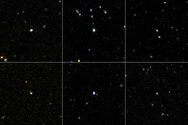 This image shows six of the three-dozen "ultraviolet luminous galaxies" spotted in our corner of the universe by NASA's Galaxy Evolution Explorer. These massive galaxies greatly resemble newborn galaxies that were common in the early universe. The discovery came as a surprise, because astronomers had thought that the universe's "birth-rate" had declined, and that massive galaxies were no longer forming.  The galaxies, located in the center of each panel, were discovered after the Galaxy Evolution Explorer scanned a large portion of the sky with its highly sensitive ultraviolet-light detectors. Because young stars pack most of their light into ultraviolet wavelengths, young galaxies appear to the Galaxy Evolution Explorer like diamonds in a field of stones. Astronomers mined for these rare "gems" before, but missed them because they weren't able to examine a large enough slice of the sky. The Galaxy Evolution Explorer surveyed thousands of nearby galaxies before finding three-dozen newborns.  While still relatively close in astronomical terms, these galaxies are far enough away to appear small to the Galaxy Evolution Explorer. Clockwise beginning from the upper left, they are called: GALEX_J232539.24+004507.1, GALEX_J231812.98-004126.1, GALEX_J015028.39+130858.5, GALEX_J021348.52+125951.3, GALEX_J143417.15+020742.5, GALEX_J020354.02-092452.5.   http://photojournal.jpl.nasa.gov/catalog/PIA07143