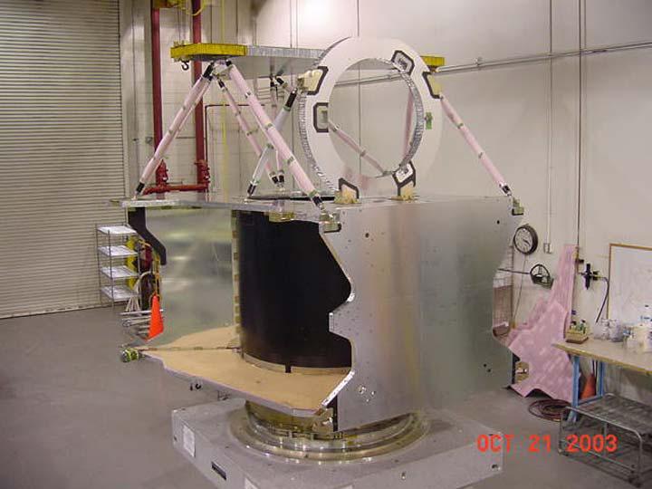 The structure of NASA Mars Reconnaissance Orbiter spacecraft is constructed from composite panels of carbon layers over aluminum honeycomb, lightweight yet strong.