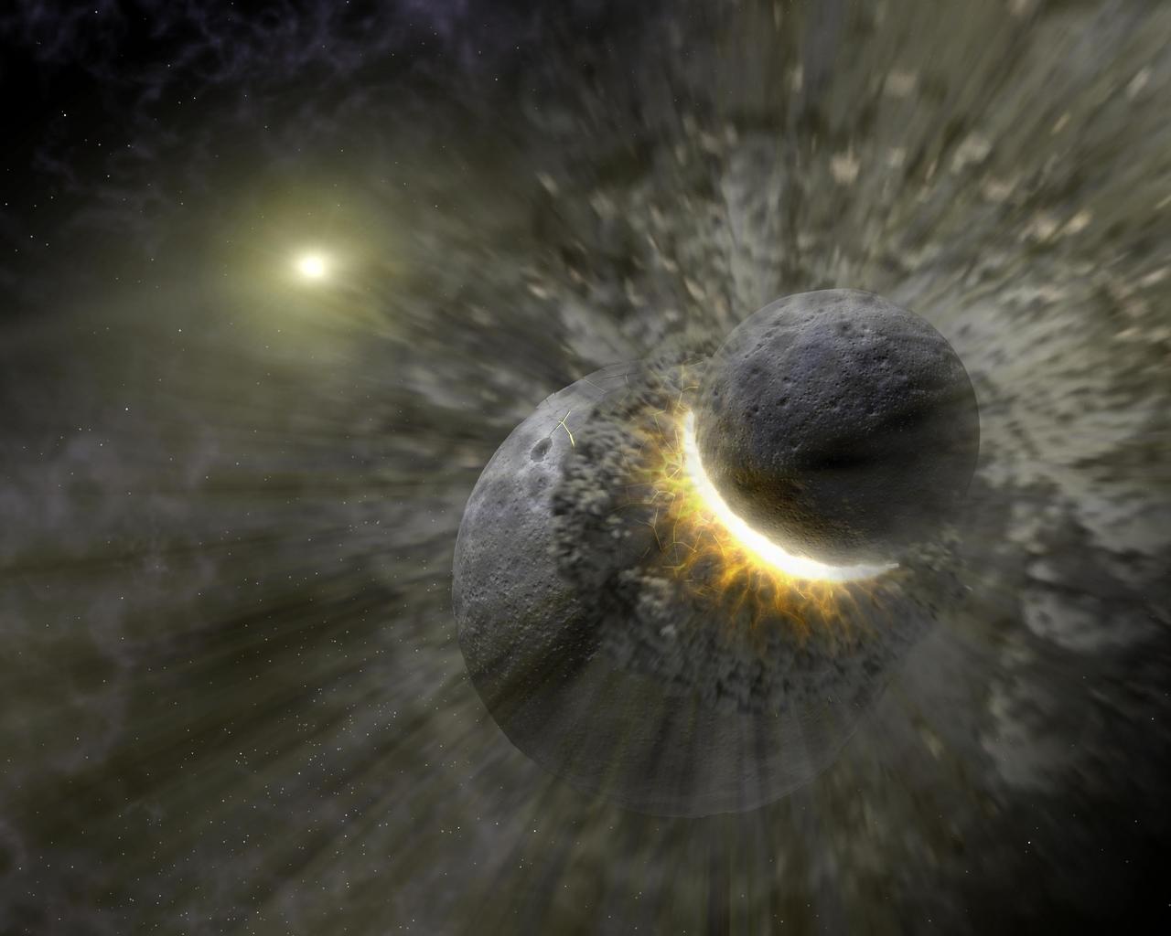 This artist concept illustrates how a massive collision of objects perhaps as large as the planet Pluto smashed together to create the dust ring around the nearby star Vega. New observations from NASA's Spitzer Space Telescope indicate the collision took place within the last one million years. Astronomers think that embryonic planets smashed together, shattered into pieces, and repeatedly crashed into other fragments to create ever finer debris.      In the image, a collision is seen between massive objects that measured up to 2,000 kilometers (about 1,200 miles) in diameter. Scientists say the big collision initiated subsequent collisions that created dust particles around the star that were a few microns in size. Vega's intense light blew these fine particles to larger distances from the star, and also warmed them to emit heat radiation that can be detected by Spitzer's infrared detectors.  http://photojournal.jpl.nasa.gov/catalog/PIA07217