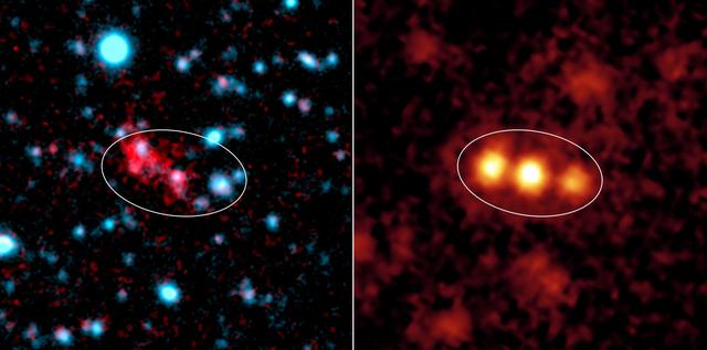 This image composite shows a giant galactic blob (red) and the three merging galaxies NASA's Spitzer Space Telescope discovered within it (yellow).  Blobs are intensely glowing clouds of hot hydrogen gas that envelop faraway galaxies. They are about 10 times as large as the galaxies they surround. Visible-light images reveal the vast extent of blobs, but don't provide much information about their host galaxies.  Using its heat-seeking infrared eyes, Spitzer was able to see the dusty galaxies tucked inside one well-known blob located 11 billion light-years away. The findings reveal three monstrously bright galaxies, trillions of times brighter than the Sun, in the process of merging together.  Spitzer also observed three other blobs located in the same cosmic neighborhood, all of which were found to be glaringly bright. One of these blobs is also known to be a galactic merger, only between two galaxies instead of three. It remains to be seen whether the final two blobs studied also contain mergers.  The Spitzer data were acquired by its multiband imaging photometer. The visible-light image was taken by the Blanco Telescope at the Cerro Tololo Inter-American Observatory, Chile.  http://photojournal.jpl.nasa.gov/catalog/PIA07220