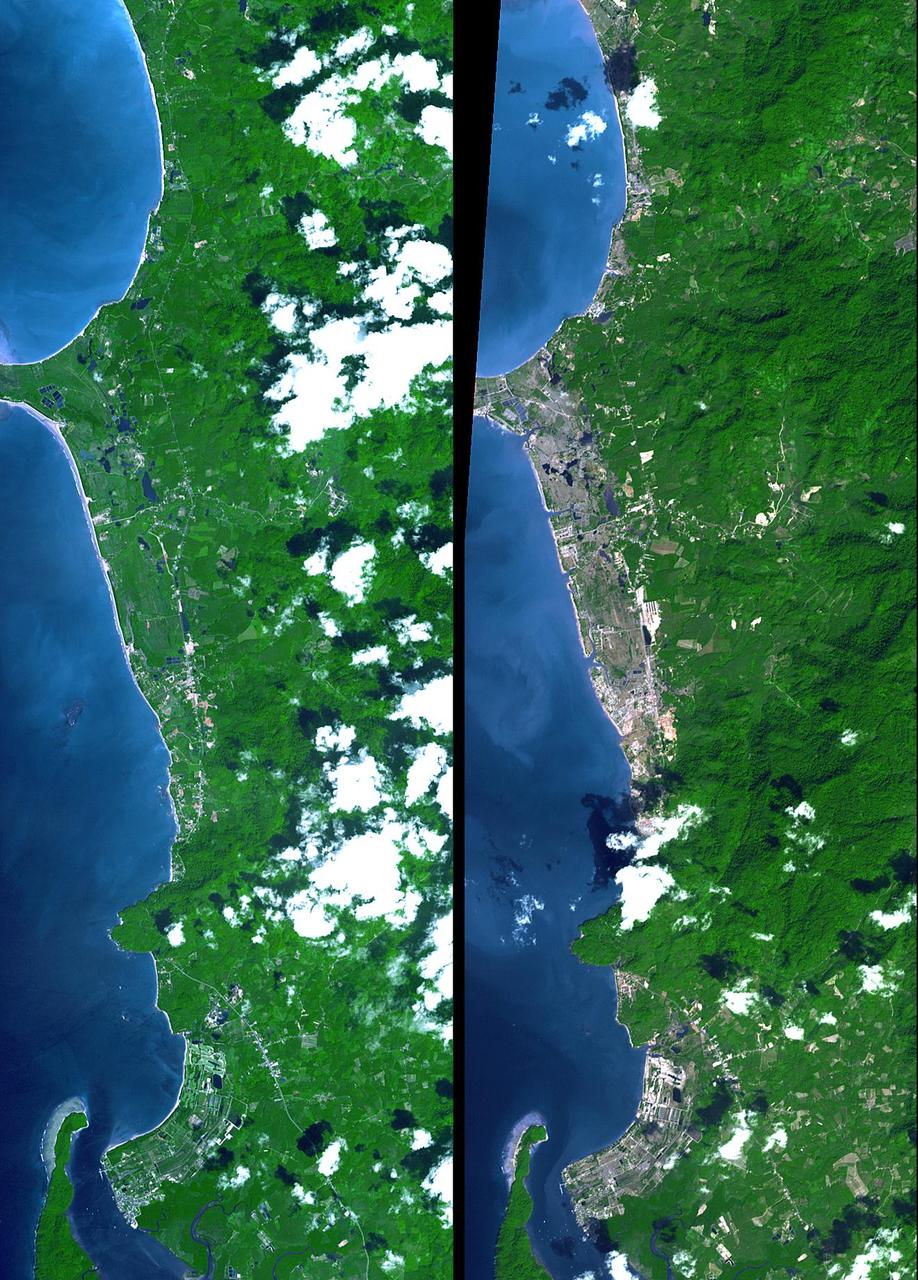 The island of Phuket on the Indian Ocean coast of Thailand is a major tourist destination and was also in the path of the tsunami that washed ashore on December 26, 2004. These simulated natural color ASTER images show a 27 kilometer (17-mile) long stretch of coast north of the Phuket airport on December 31 (right), along with an image acquired two years earlier (left). The changes along the coast are obvious where the vegetation has been stripped away. http://photojournal.jpl.nasa.gov/catalog/PIA07227