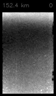 This frame from an animation is made up from a sequence of images taken by the Descent Imager/Spectral Radiometer (DISR) instrument on board ESA's Huygens probe, during its successful descent to Titan on Jan. 14, 2005.  The animation is available at http://photojournal.jpl.nasa.gov/catalog/PIA07234 It shows what a passenger riding on Huygens would have seen. The sequence starts from an altitude of 152 kilometers (about 95 miles) and initially only shows a hazy view looking into thick cloud. As the probe descends, ground features can be discerned and Huygens emerges from the clouds at around 30 kilometers (about 19 miles) altitude. The ground features seem to rotate as Huygens spins slowly underits parachute.  The DISR consists of a downward-looking High Resolution Imager (HRI), a Medium Resolution Imager (MRI), which looks out at an angle, and a Side Looking Imager (SLI). For this animation, most images used were captured by the HRI and MRI. Once on the ground, the final landing scene was captured by the SLI.  The Descent Imager/Spectral Radiometer is one of two NASA instruments on the probe.