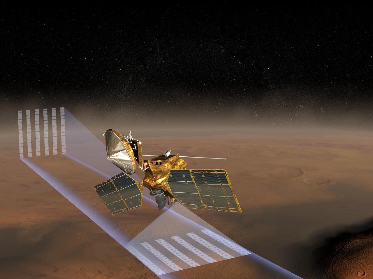 This artist concept of NASA Mars Reconnaissance Orbiter at Mars features one of its instruments -- the Mars Climate Sounder -- in action.