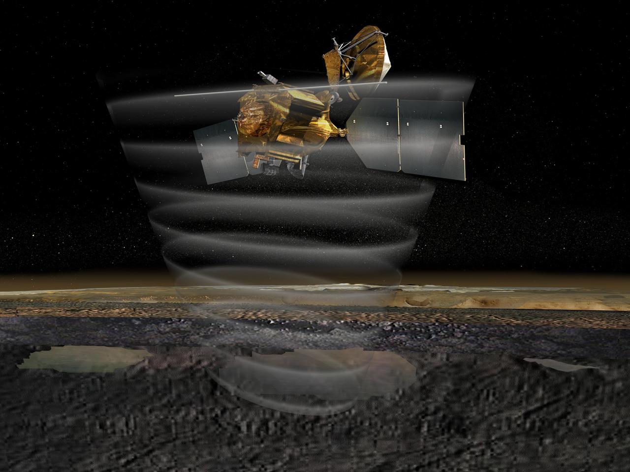 This artist concept of NASA Mars Reconnaissance Orbiter highlights the spacecraft radar capability.