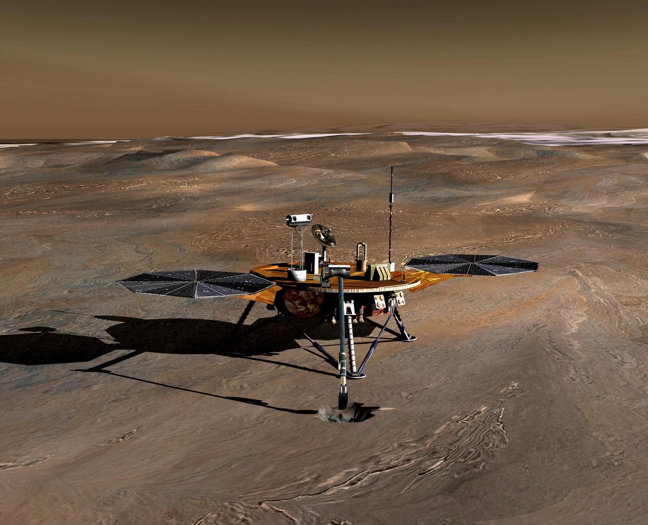 NASA Phoenix Mars Lander, landed on May 25, 2008, and explored the history of water and monitored polar climate on Mars until communications ended in November, 2008, about six months after landing, when its solar panels ceased operating in the winter.