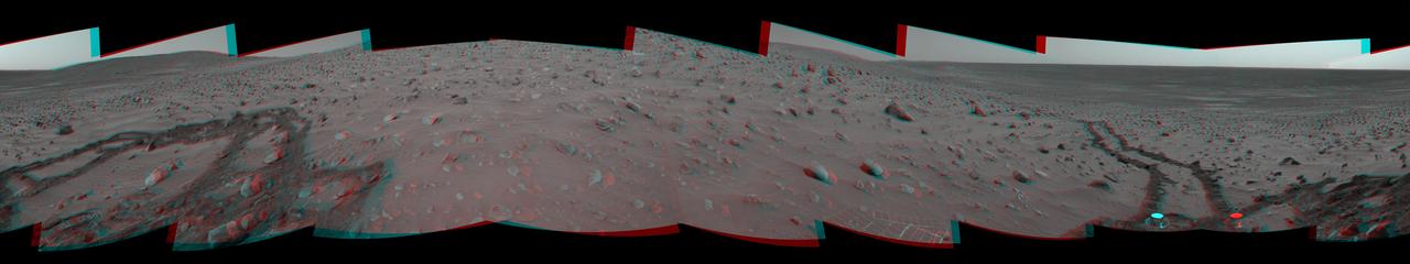 This 360-degree, stereo panorama of a section of the Columbia Hills shows meandering, crisscrossing wheel tracks that NASA Mars Exploration Rover Spirit left behind. 3D glasses are necessary to view this image.