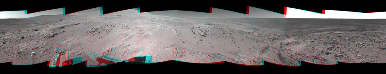 This 360-degree stereo panorama shows the terrain surrounding NASA Mars Exploration Rover Spirit on Nov. 11, 2004. At that point, Spirit was climbing the West Spur of the Columbia Hills. 3D glasses are necessary to view this image.