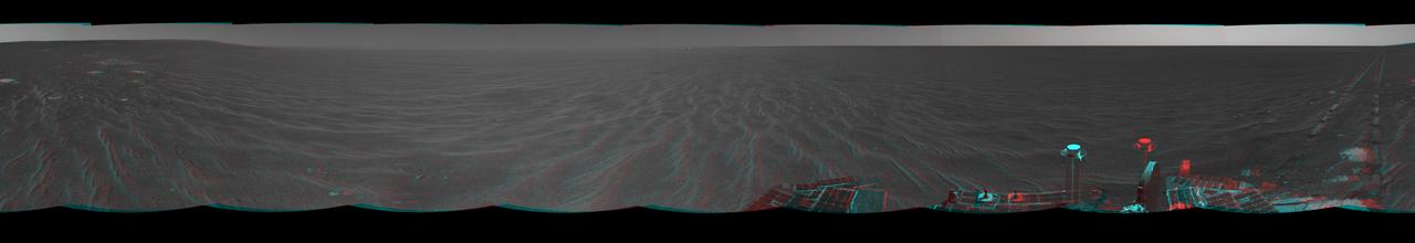 NASA Mars Exploration Rover Opportunity was on its way from Endurance Crater toward the spacecraft jettisoned heat shield in this anaglyph. 3D glasses are necessary to view this image.