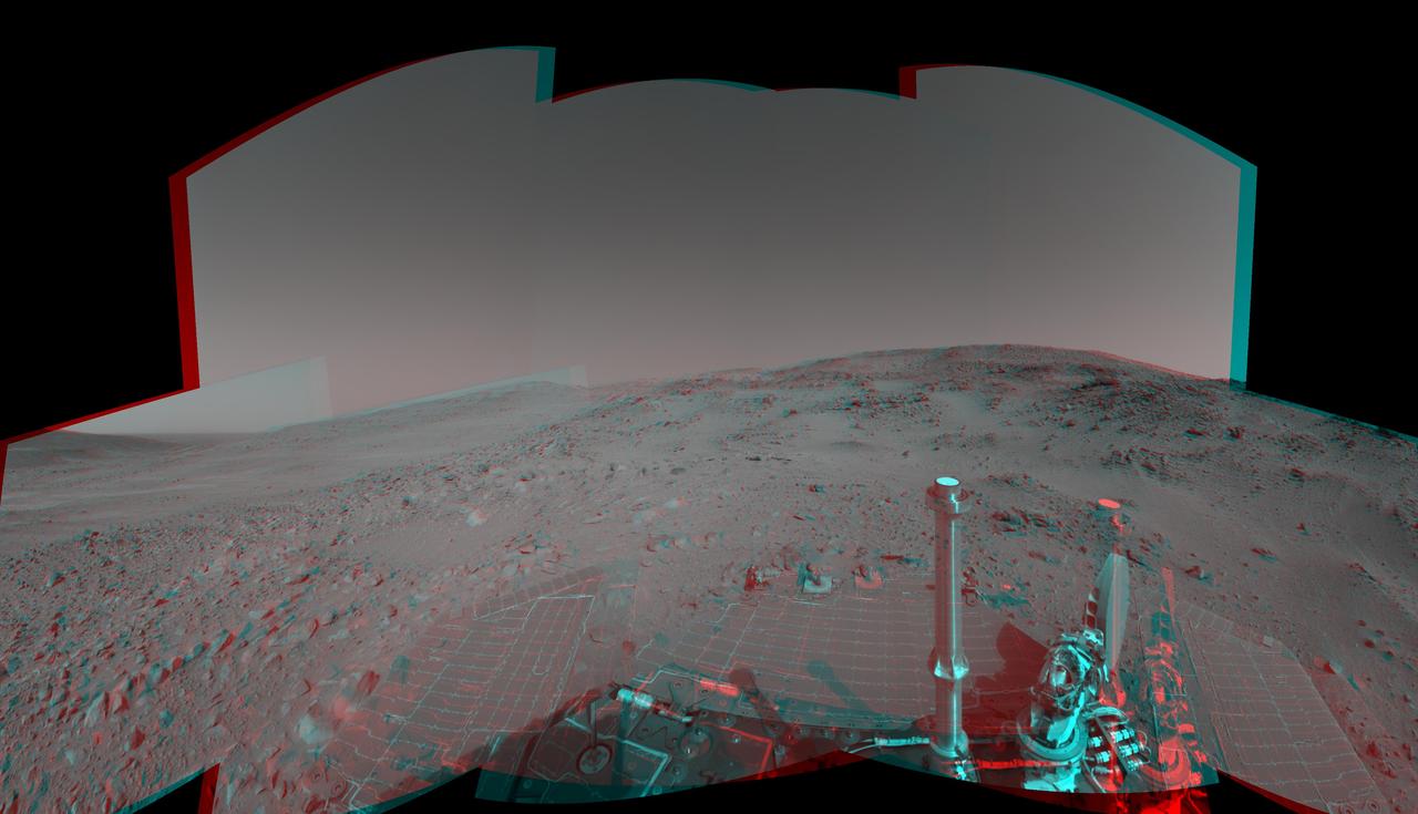 An attempted drive NASA Mars Exploration Rover Spirit on Feb. 15, 2005 did not gain any ground toward nearby Larry Lookout because of slippage that churned the soil on the slope. 3D glasses are necessary to view this image.